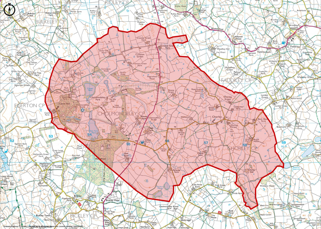 1:25000 Ordnance Survey Map Showing Cholmondeley Chorley Neighbourhood Plan Area highlighted in red