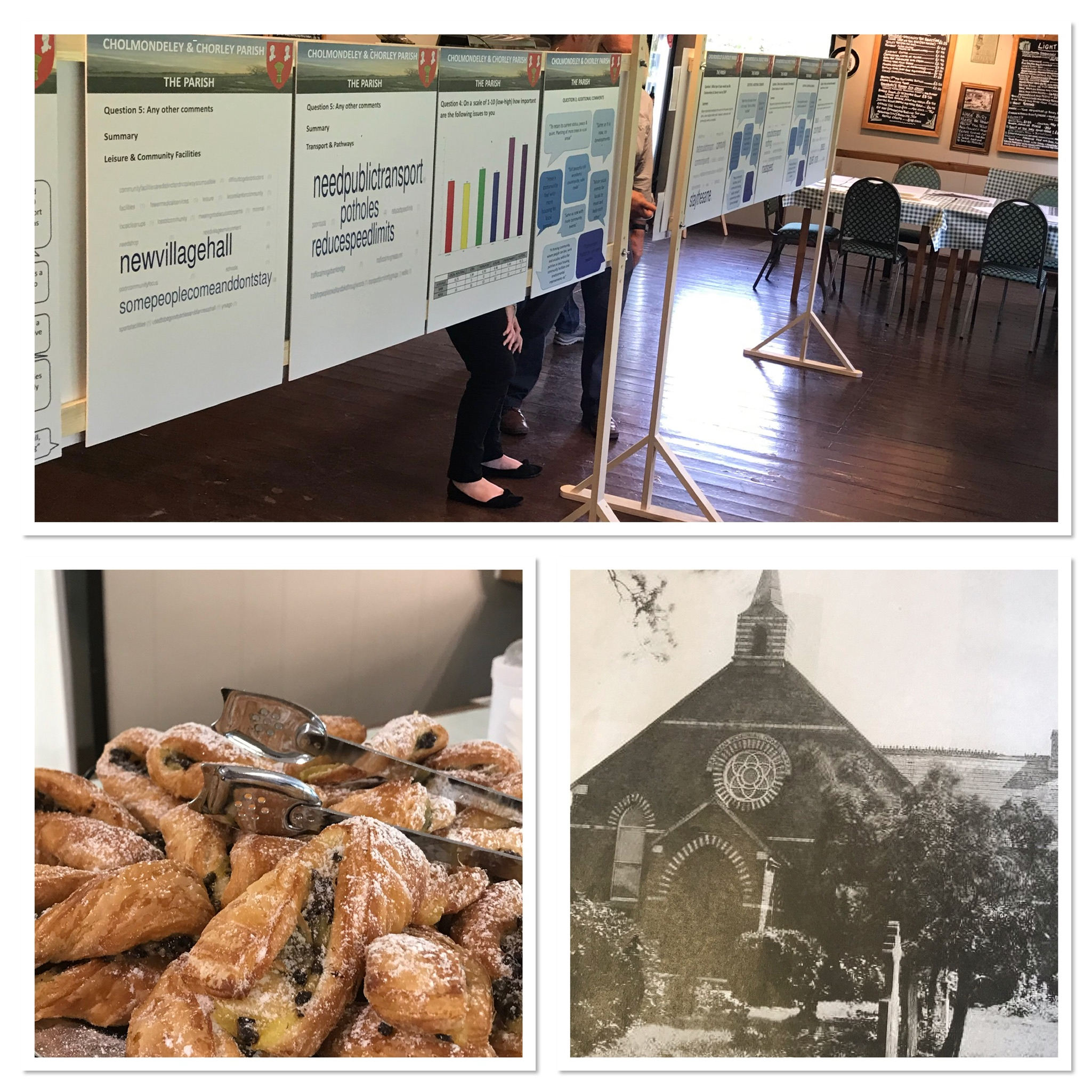 Information boards, photographs and fresh pastries at the first Consultation Event