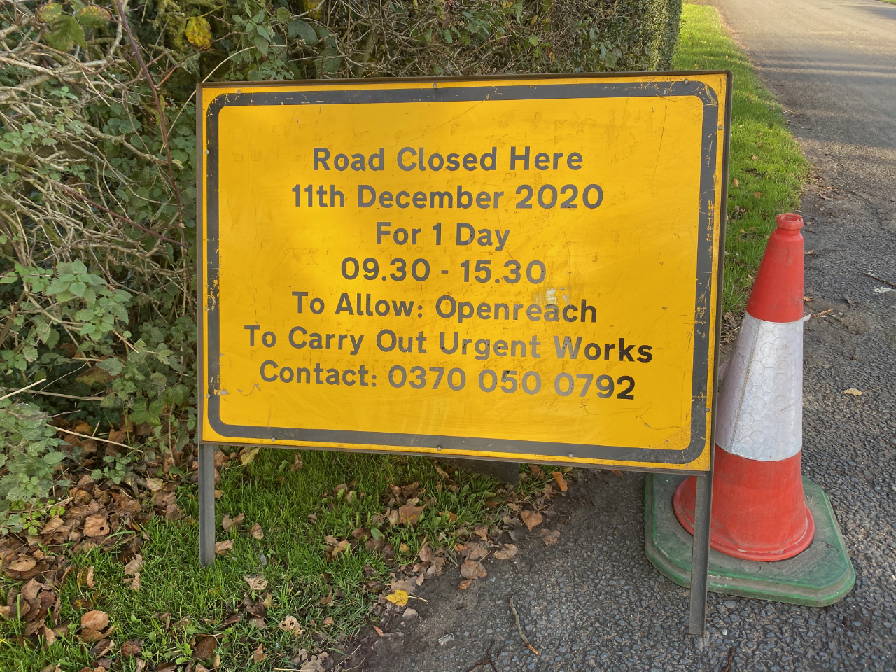 Advance notice road sign of closure of Springe Lane, Chorley on 11th December 2020
